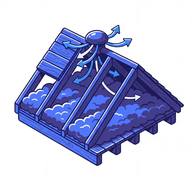 Illustration of an attic with insulation and a roof vent