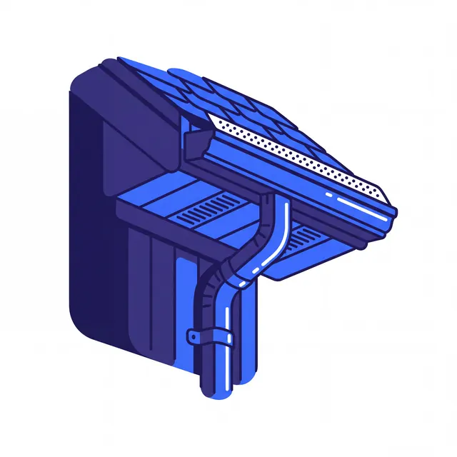 Illustration of an eavestrough with leaf guard, downspout, soffit and fascia