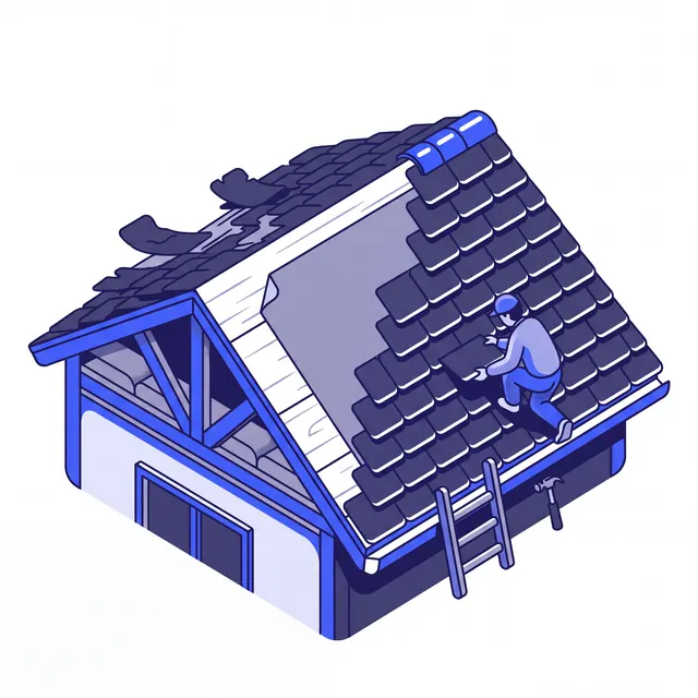 Illustration of old shingles coming off and new ones going on